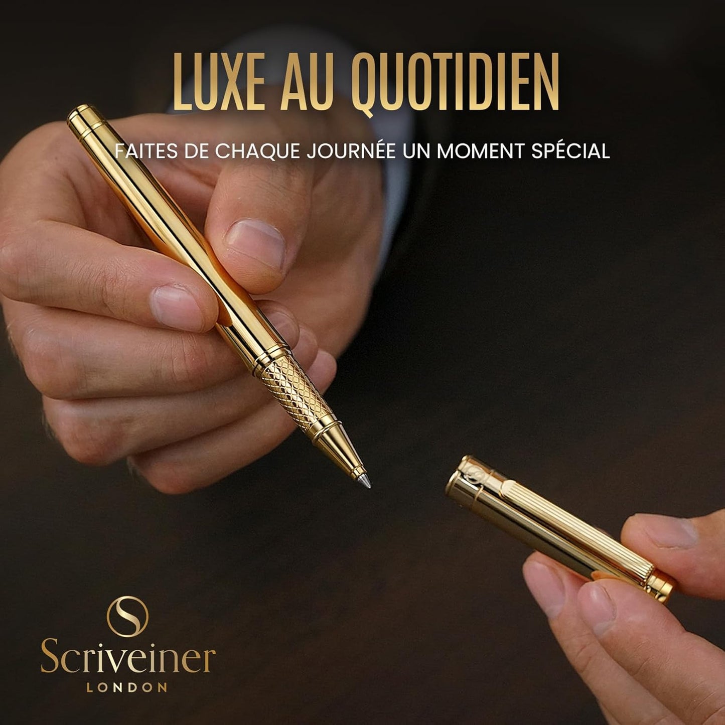 Scriveiner Stylo Roller Coffret Stylo Roller Or Finition Plaqué or véritable, Rechargeable, Beau Cadeau pour Homme & Femme avec Boîte, Accessoire de Bureau Professionnel