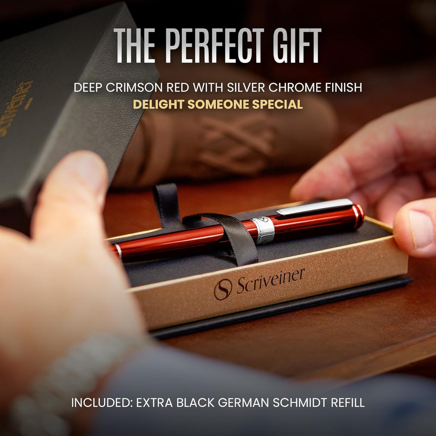 Scriveiner Deep Crimson Red Rollerball Coffret Stylo Roller Rouge Pourpre Laqué Finition Acier Chromé, Rechargeable, Beau Cadeau pour Homme & Femme avec Boîte, Accessoire de Bureau Professionnel