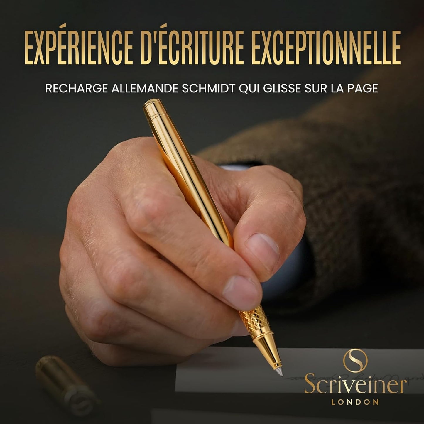 Scriveiner Stylo Roller Coffret Stylo Roller Or Finition Plaqué or véritable, Rechargeable, Beau Cadeau pour Homme & Femme avec Boîte, Accessoire de Bureau Professionnel