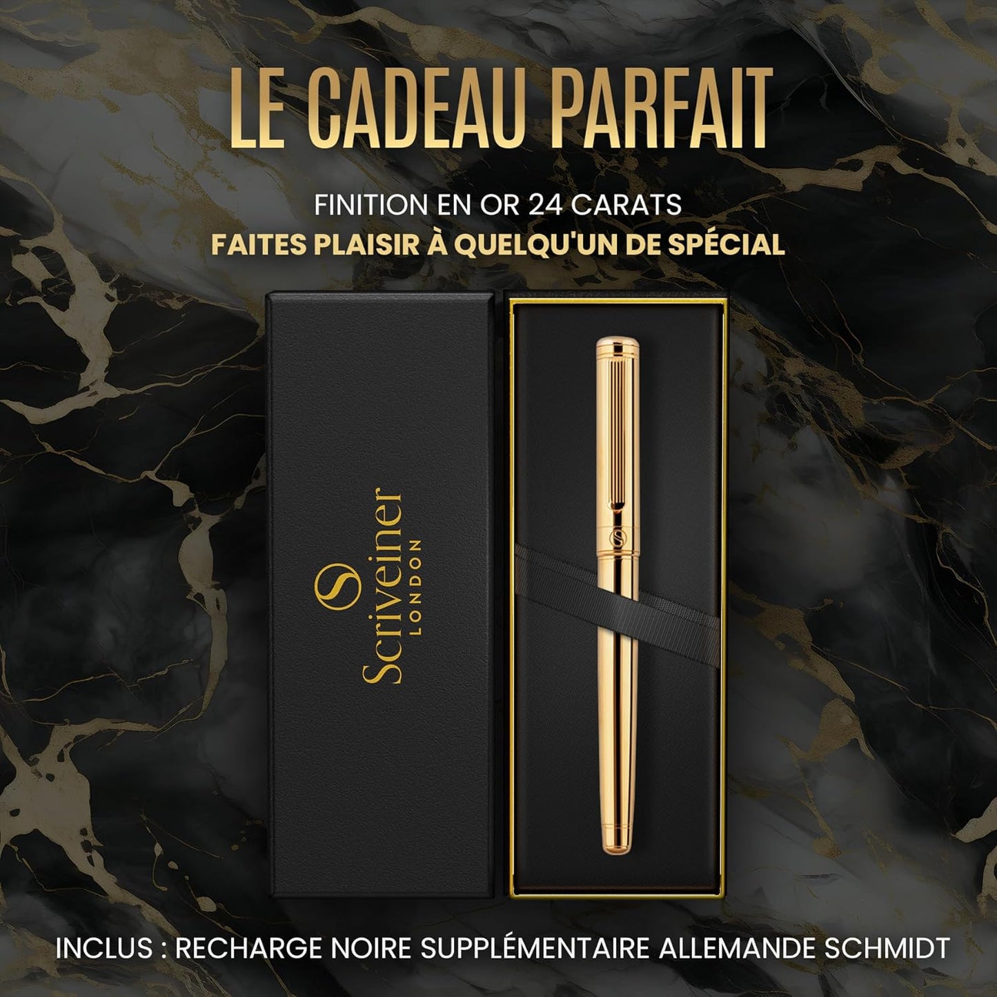 Scriveiner Stylo Roller Coffret Stylo Roller Or Finition Plaqué or véritable, Rechargeable, Beau Cadeau pour Homme & Femme avec Boîte, Accessoire de Bureau Professionnel