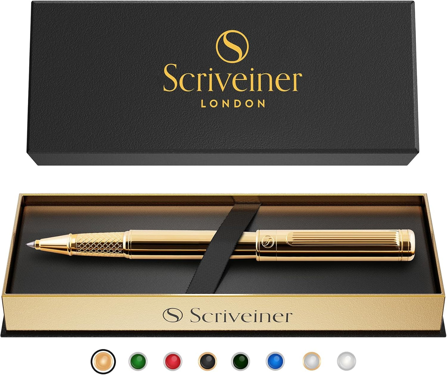 Scriveiner Stylo Roller Coffret Stylo Roller Or Finition Plaqué or véritable, Rechargeable, Beau Cadeau pour Homme & Femme avec Boîte, Accessoire de Bureau Professionnel