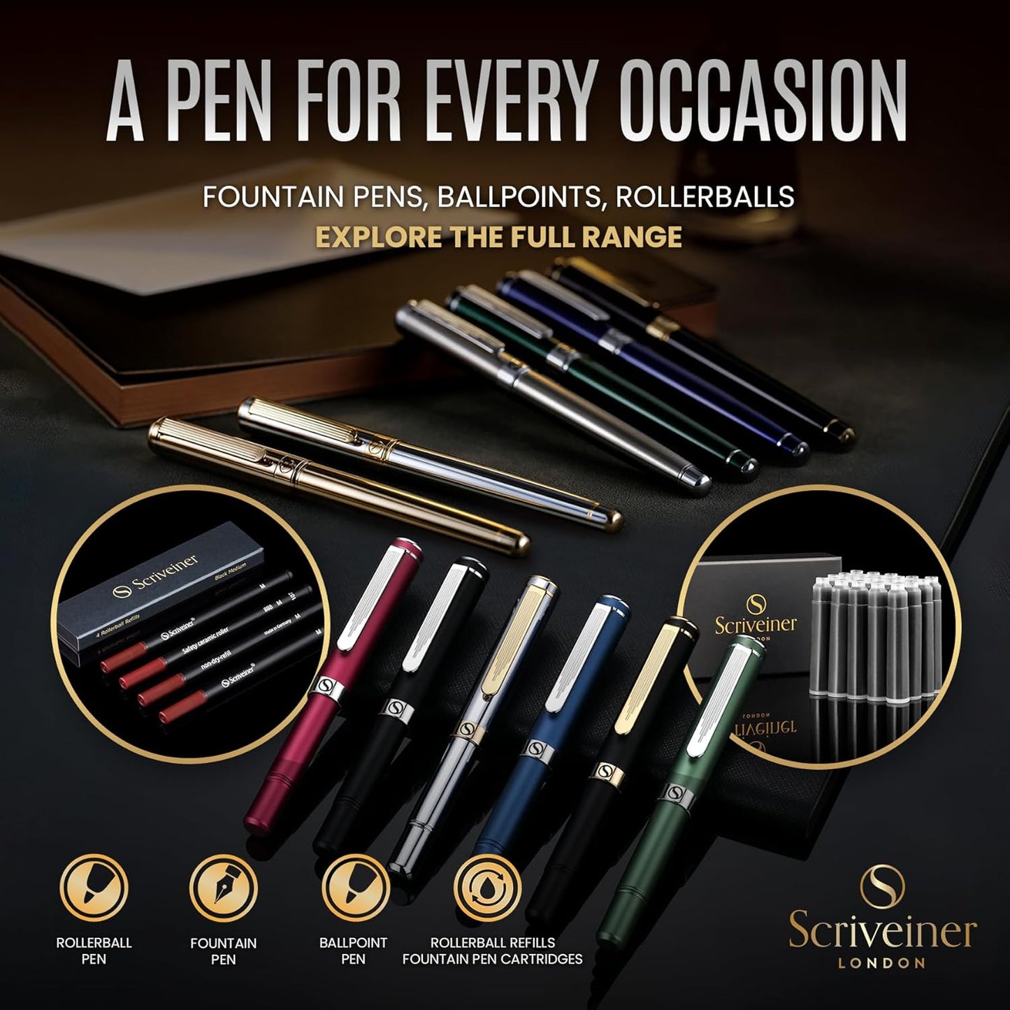 Scriveiner Deep Crimson Red Rollerball Coffret Stylo Roller Rouge Pourpre Laqué Finition Acier Chromé, Rechargeable, Beau Cadeau pour Homme & Femme avec Boîte, Accessoire de Bureau Professionnel