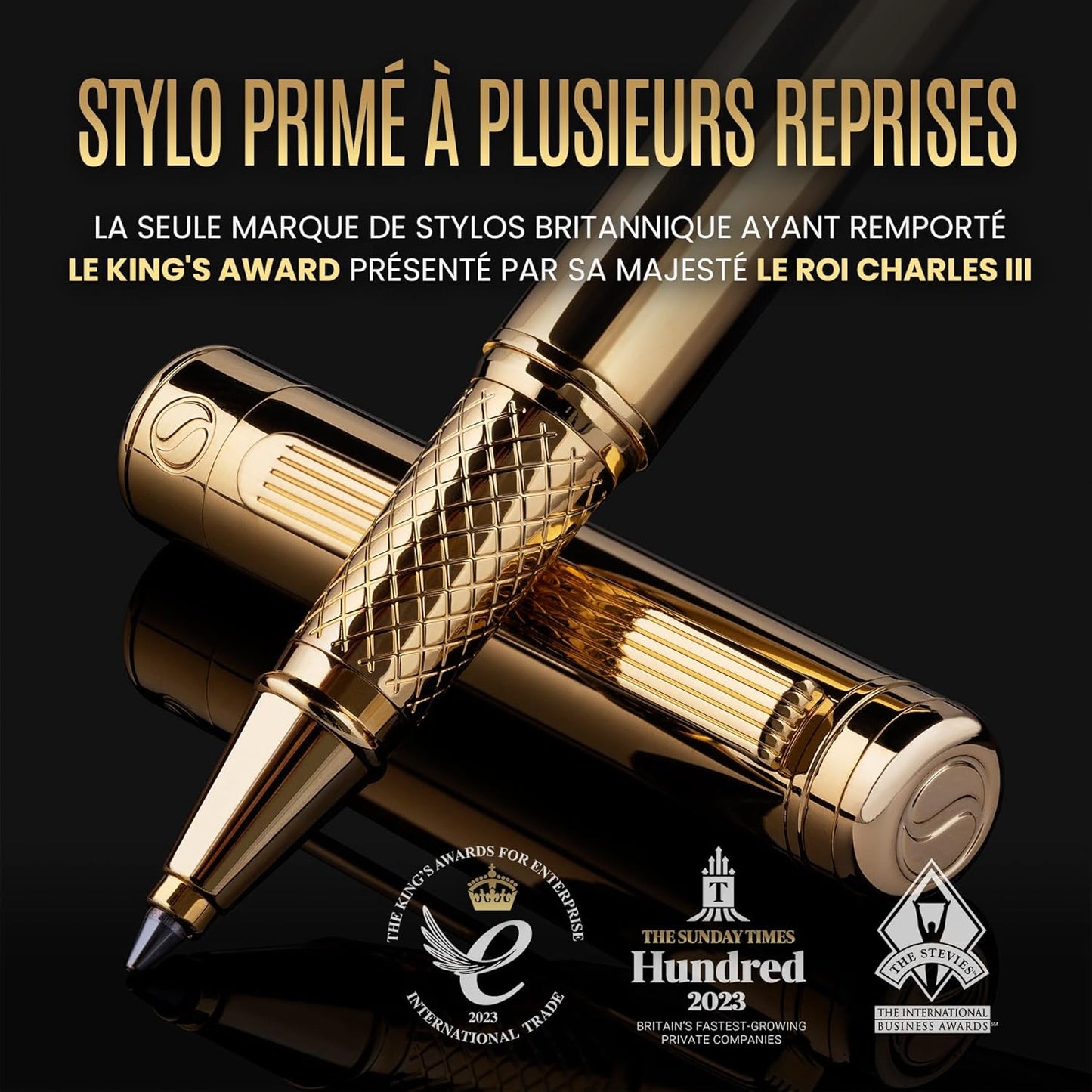 Scriveiner Stylo Roller Coffret Stylo Roller Or Finition Plaqué or véritable, Rechargeable, Beau Cadeau pour Homme & Femme avec Boîte, Accessoire de Bureau Professionnel