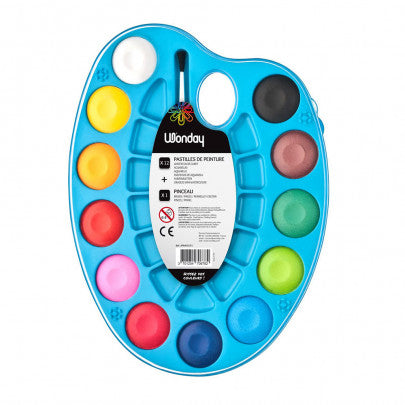 Palette ovale de 12 pastilles de gouache avec pinceau