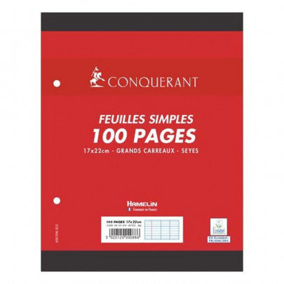 100 pages Copies simples mobiles 17x22cm perforées Grands carreaux Séyès 90g