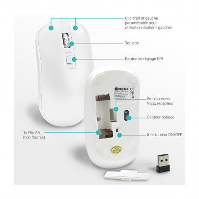 Souris sans fil optique WAYTEX Sensibilité réglable 1600 Dpi blanche