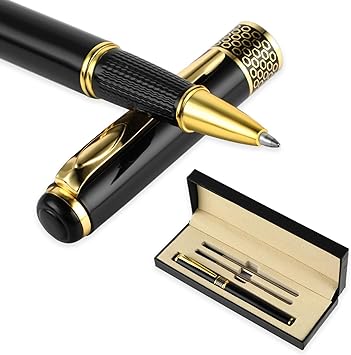 Ensemble De Stylos À Bille Roulante De Luxe, Noir De 0.5 Mm Beau Stylo À Bille En Métal Avec 2 Recharges Noires, Pour Hommes Et Femmes, Signature D'entreprise, Journal Intime, Bureau, Cadeau