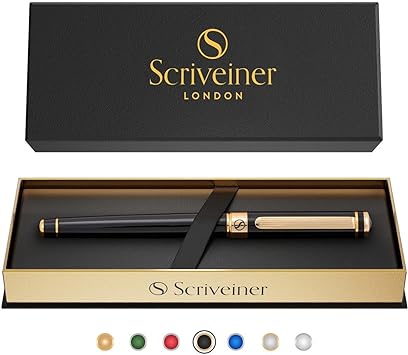 Scriveiner Stylo Roller Coffret Stylo Roller Noir Laqué Finition Or 24 Carats, Rechargeable, Beau Cadeau pour Homme & Femme avec Boîte, Accessoire de Bureau Professionnel