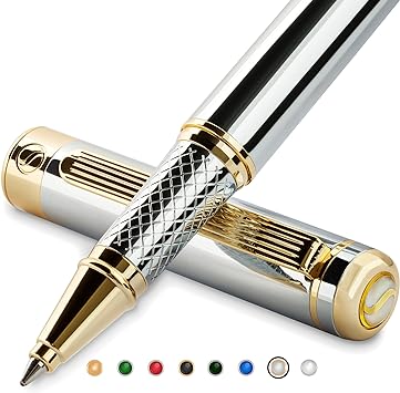 Stylo Roller Argent avec Finition Or 24 Carats, Rechargeable, Beau Cadeau pour Homme & Femme avec Boîte, Accessoire de Bureau Professionnel