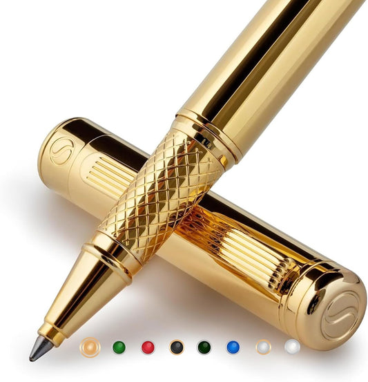 Scriveiner Stylo Roller Coffret Stylo Roller Or Finition Plaqué or véritable, Rechargeable, Beau Cadeau pour Homme & Femme avec Boîte, Accessoire de Bureau Professionnel