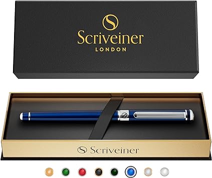 Stylo Roller Bleu Nuit Laqué Finition Acier Chromé, Rechargeable, Beau Cadeau pour Homme & Femme avec Boîte, Accessoire de Bureau Professionnel