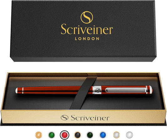 Scriveiner Deep Crimson Red Rollerball Coffret Stylo Roller Rouge Pourpre Laqué Finition Acier Chromé, Rechargeable, Beau Cadeau pour Homme & Femme avec Boîte, Accessoire de Bureau Professionnel