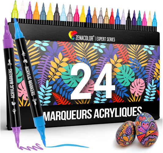 Zenacolor Feutre Acrylique à Double Pointe (Pointes Fines et Pinceau) - 24 Couleurs Uniques de Marqueur Acrylique pour Diverses Surfaces et Œuvres d'Art - Feutres Peinture Acrylique