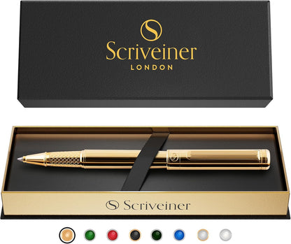Scriveiner Stylo Roller Coffret Stylo Roller Or Finition Plaqué or véritable, Rechargeable, Beau Cadeau pour Homme & Femme avec Boîte, Accessoire de Bureau Professionnel