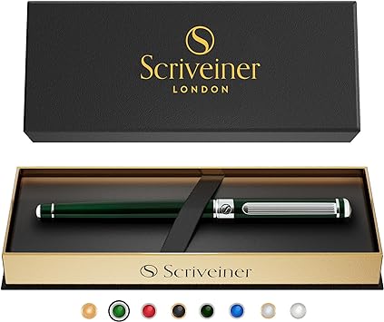 Scriveiner Roller Vert - Stylo de Luxe Vert Anglais Foncé, Finition Chromée, Recharge Encre Schmidt, Meilleure Parure Cadeau pour Homme et Femme, Professionnel, Directeur, Bureau, Beau Stylo