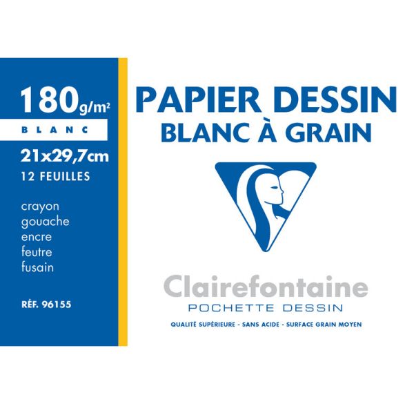 POCHETTE PAPIER DESSIN CLAIREFONTAINE - A4 - 12 FEUILLES - 180G