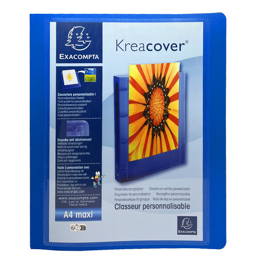 Classeur personnalisable A4+ EXACOMPTA Kreacover souple 4 anneaux dos 4cm bleu