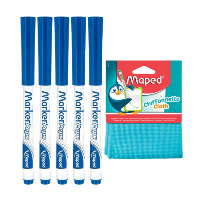 Maped Marker'Peps - Pack de 5 marqueurs effaçables avec chiffonette - pointe fine - bleu